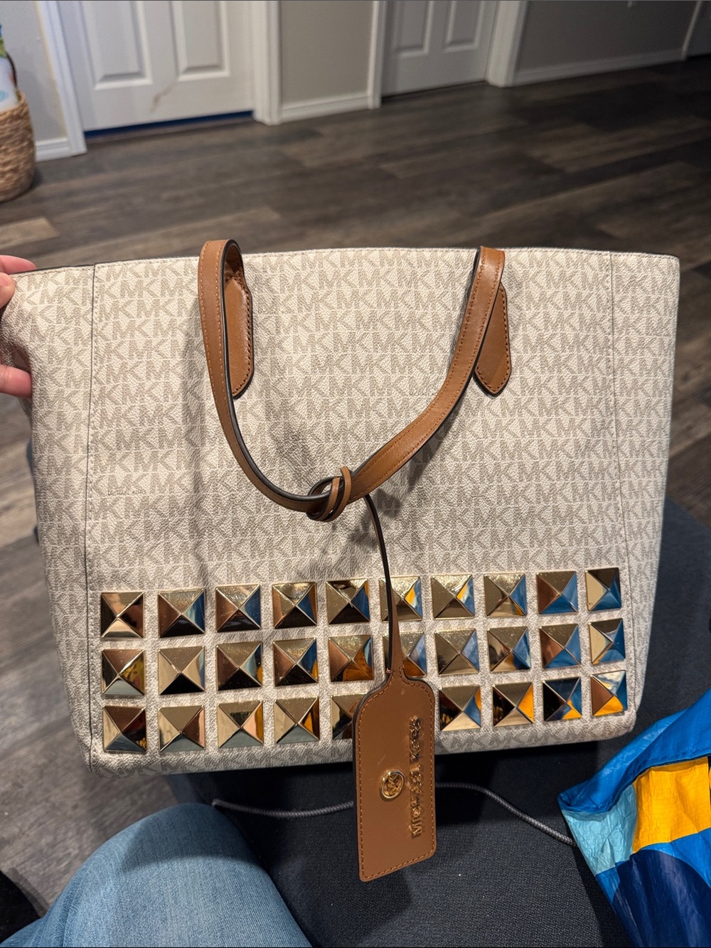Michael Kors Cream Logo Tote with Brown Leather Trim and Gold Studs